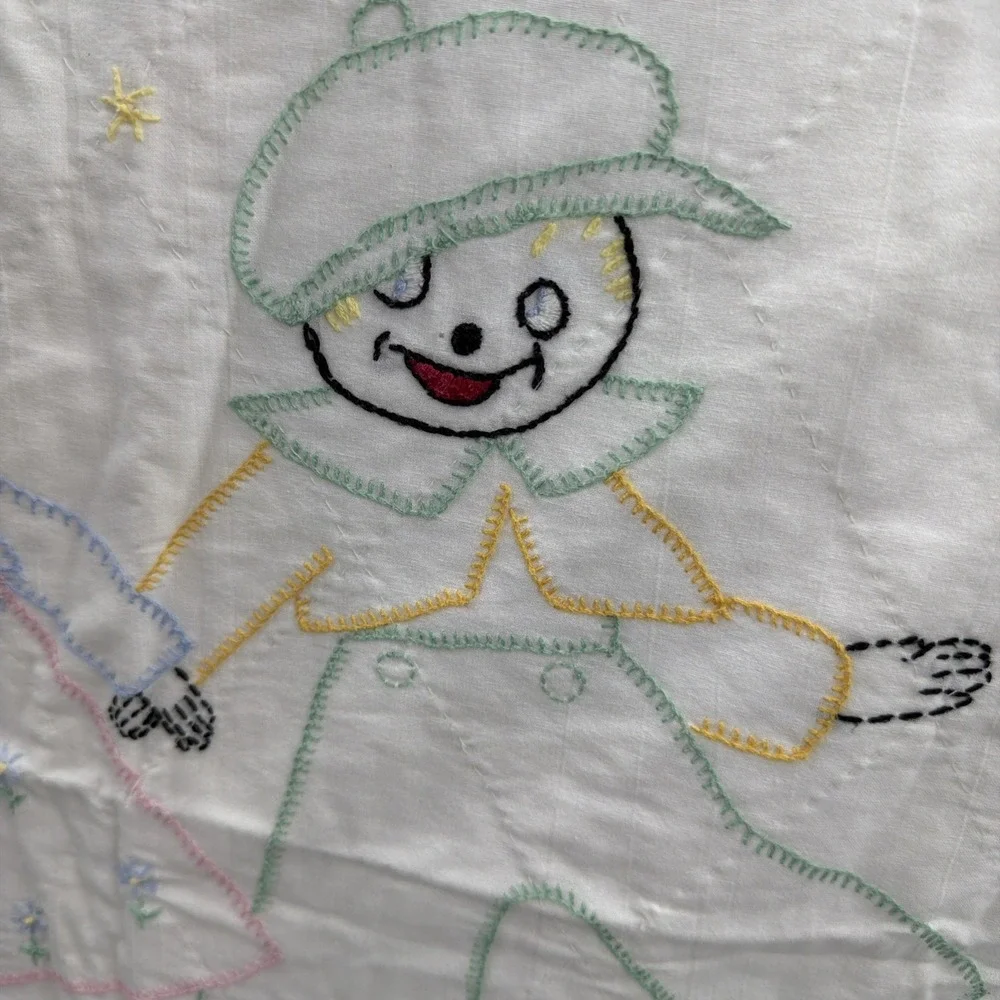VTG Hand-Stitched Child Blanket Blue Boy Girl Sheep Floral 38x48